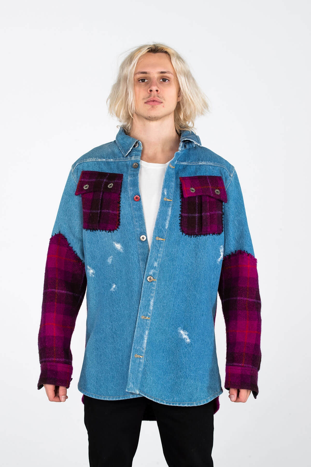 HAND CUT TARTAN DENIM OVERSHIRT - HAND CRAFTED - ARCHIVE TOP - MJB