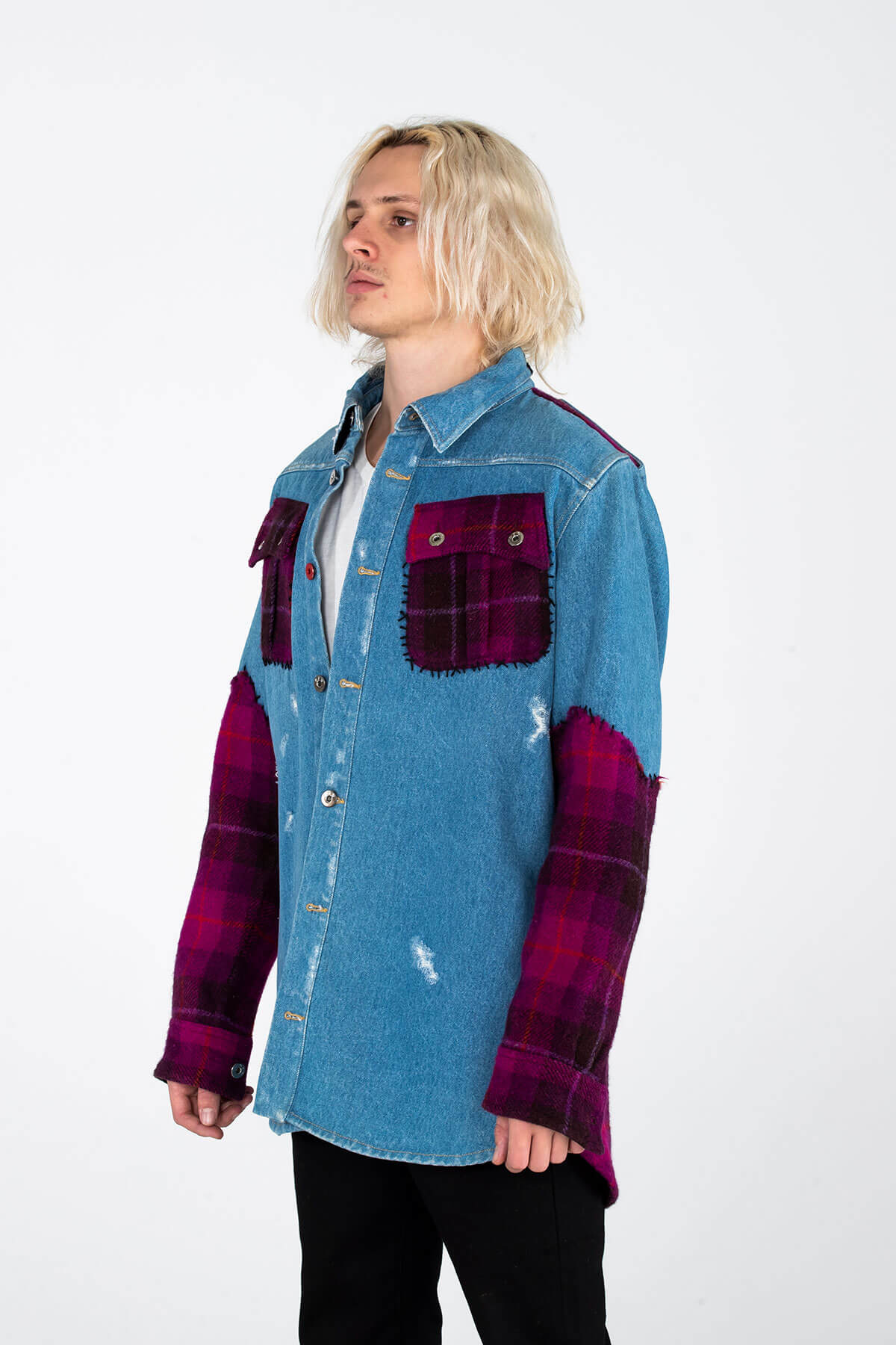 HAND CUT TARTAN DENIM OVERSHIRT - HAND CRAFTED - ARCHIVE TOP - MJB
