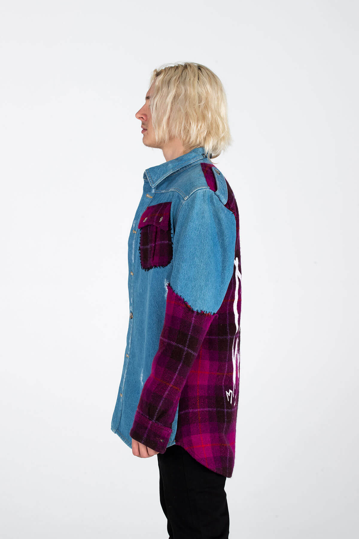 HAND CUT TARTAN DENIM OVERSHIRT - HAND CRAFTED - ARCHIVE TOP - MJB